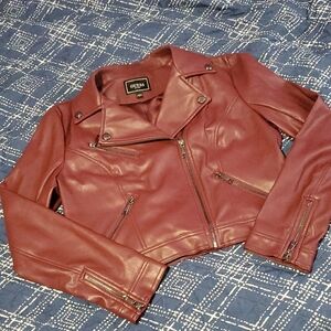 GUESS Maroon Red Faux Leather Motorcycle Jacket